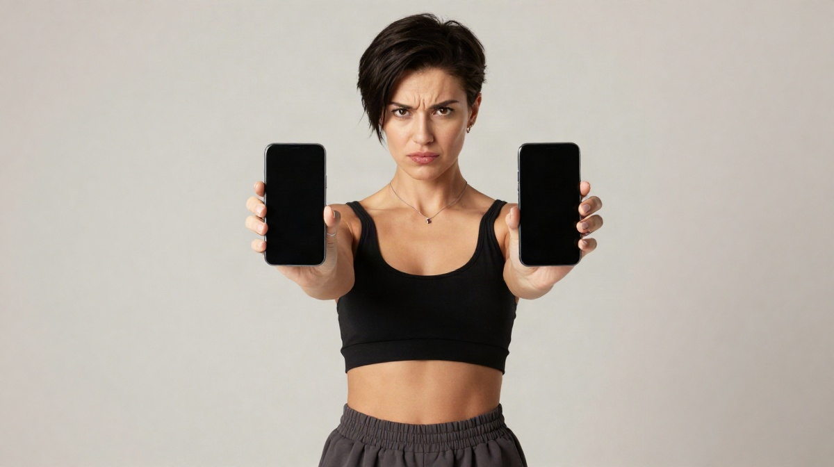 Женщина с короткой стрижкой сравнивает два смартфона, анализируя подлинность зеркала сайта