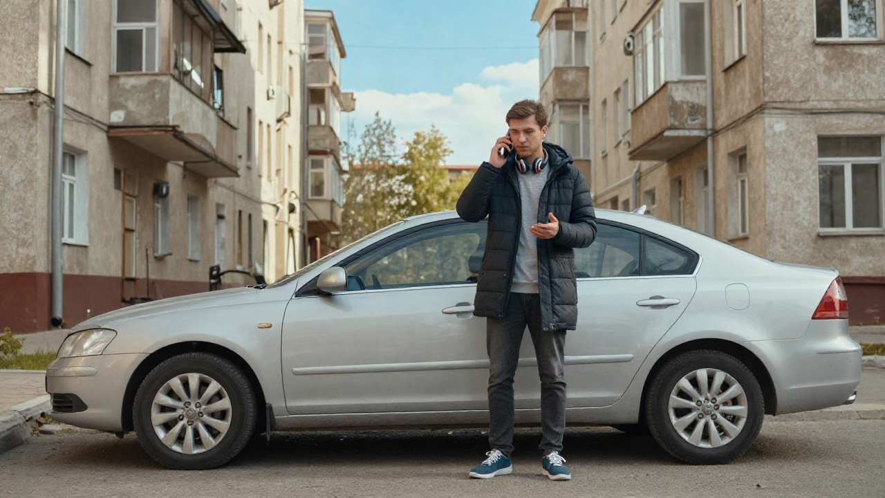 Водитель стоит рядом с автомобилем в узком дворе и разговаривает по телефону с диспетчером эвакуатора