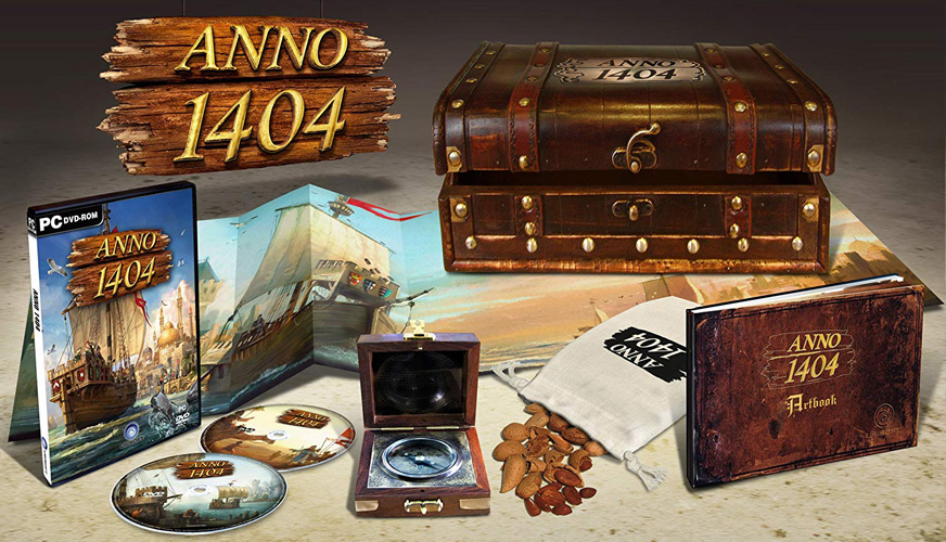 Многие из вас также могут вспомнить коллекционное издание Anno 1404, которое поставляется не только с художественной книгой и плакатом, но и с действительно особыми предметами, такими как настоящий компас и семена миндаля, упакованные в красивый деревянный сундук