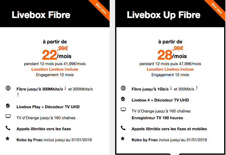 Livebox Fiber:   Интернет до 300 Мбит / с ;   160 каналов включены;   Совместимый с Ultra HD телевизионный декодер;   Неограниченная телефония на стационарные телефоны, DOM и более 100 направлений